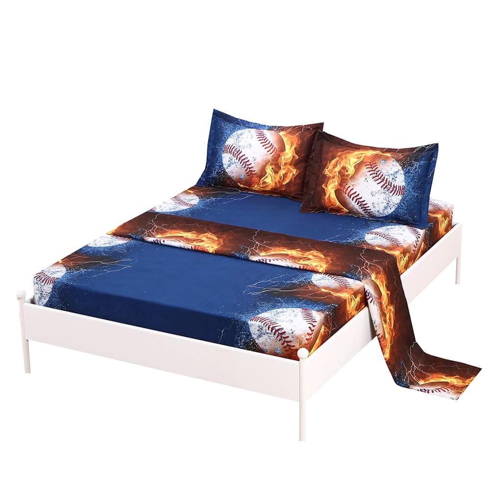 SDIII 4PCS Baseball Sheets Queen, Bed in a Bag Baseball Bedding Sheet Set, Soft Microfiber, Wrinkle and Fade Resistant, Sports Sheets for Boys Girls Kids Teens on Amazon, Queen