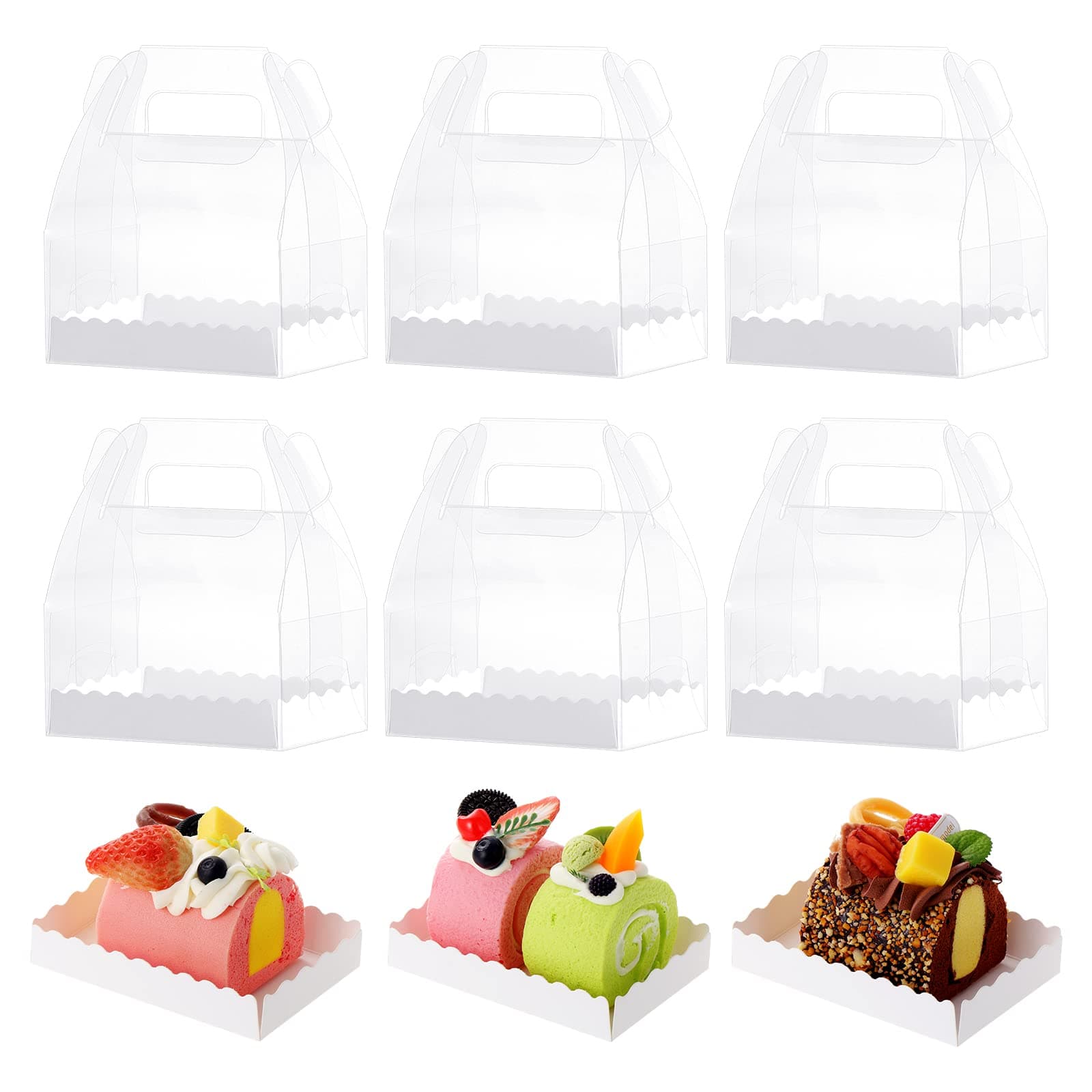 Fippy 20PCS Transparent Cake Boxes with Handle 12 x 8 x 6cm, Plastic Swiss Roll Mousse Cake Boxes Dessert Boxes, Clear Gift Cake Boxes for Wedding Birthday Party Pastry