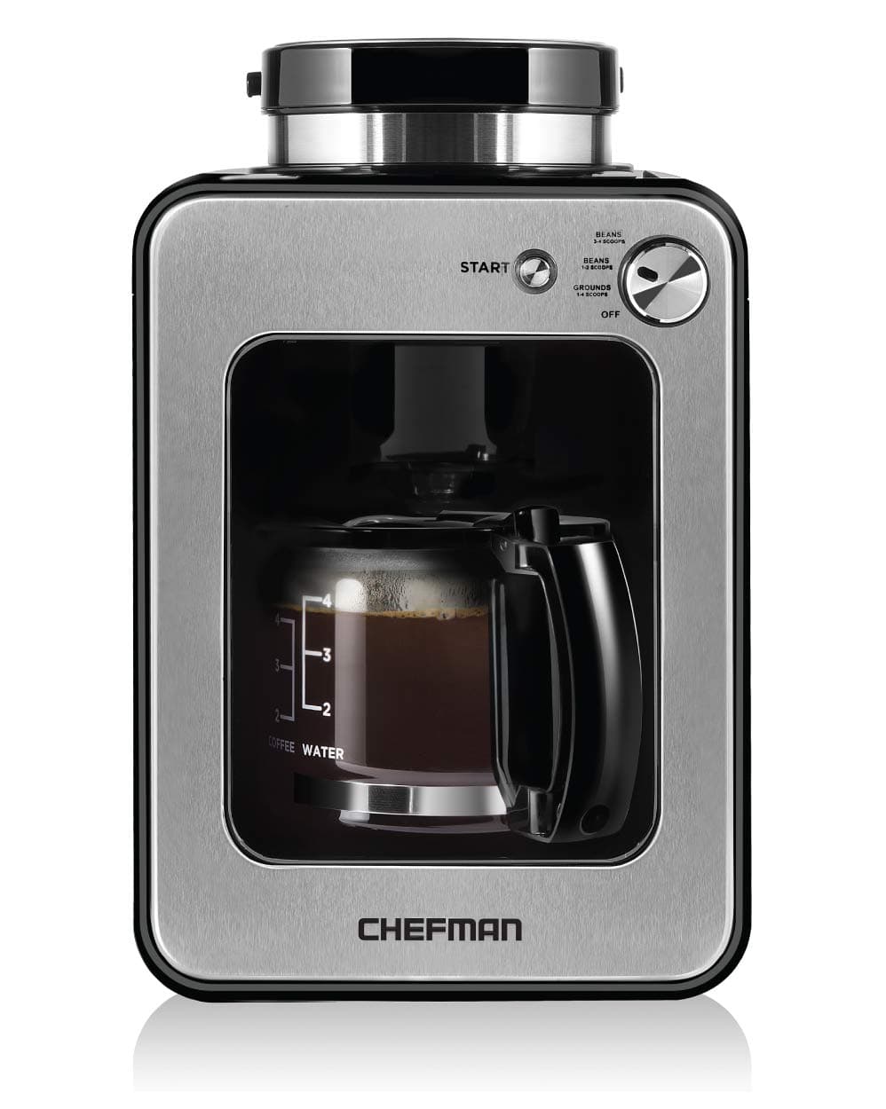 Chefman Grind and Brew 4 Cup Coffee Maker and Grinder, Compatible w/ Fresh Beans and Grounds, Adjustable Strength Settings, Washable Coffee Filter & Scoop Included, Compact, Black/Stainless Steel