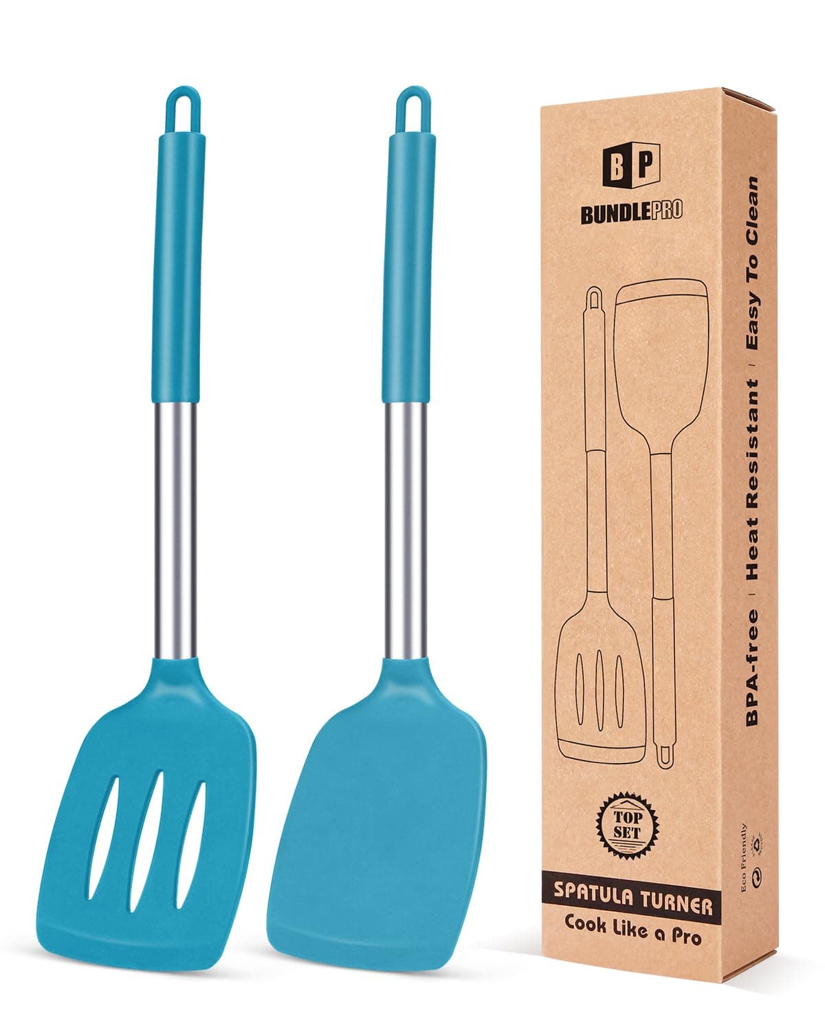 Pack of 2 Silicone Solid Turner, Non Stick Slotted Kitchen Spatulas, High Heat Resistant BPA Free Cooking Utensils, Ideal Cookware for Fish, Eggs, Pancakes(Blue)