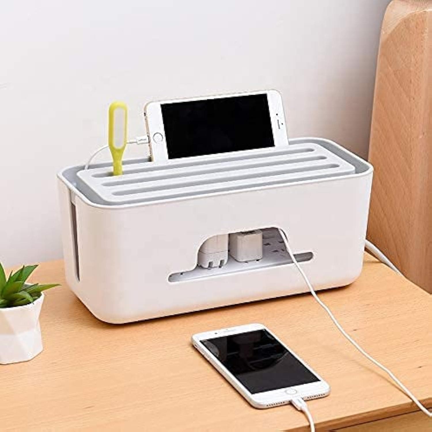 Xacton Cable Management Box - White | Wire Bin | Power Strip, Cords, Surge Protector Hiding Cover Organizer | Hide Loose Wire for Home Office Desk Desktop Floor & Keep Children and Pet Safe