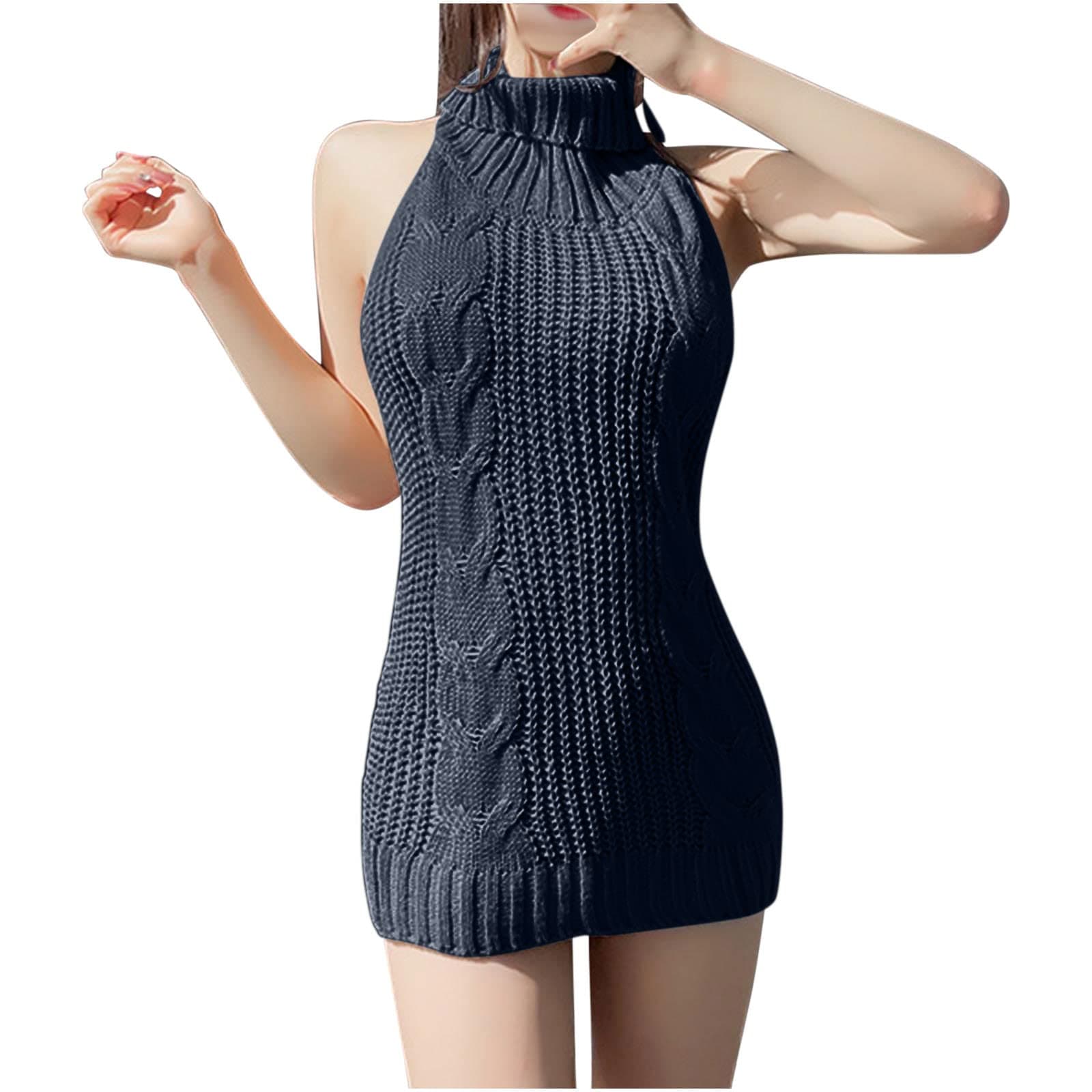 Women Plus Size Virgin-Killer Backless Long Tie Open Turtleneck Sleeveless Sweaters Sleepwear Sexy Slim Fit Knit Tops