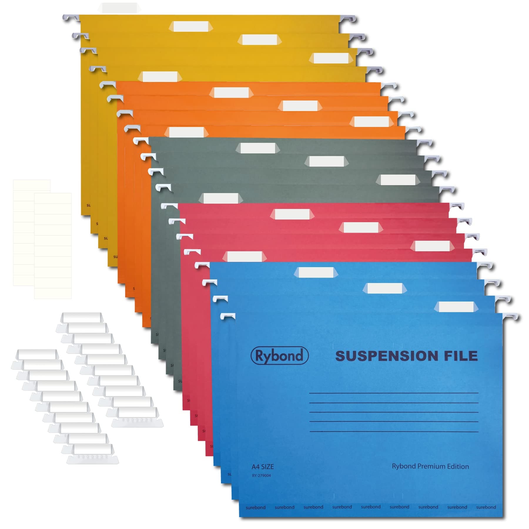 Rybond A4 Suspension File (20 Pack) Assorted Colours - Heavyweight with Tabs and Inserts - for A4 Filing cabinets - Reinforced Top and Bottom