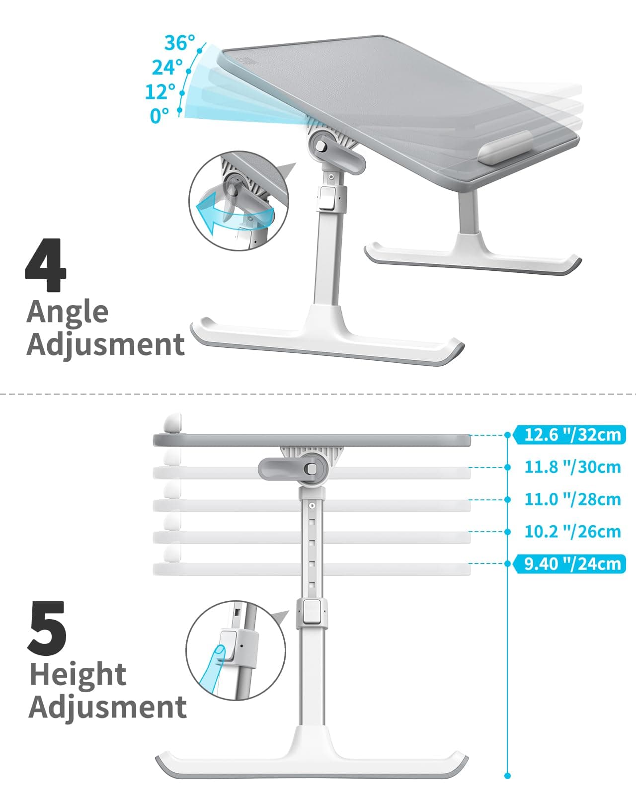 SAIJI Laptop Table for Bed 52cm x 30cm, Adjustable & Foldable Laptop Bed Table with Height & Angle Control, Portable Laptop Desk, Aluminium Alloy Legs, Non-Slip Wrist Rest, Up to 17” Laptop - Grey