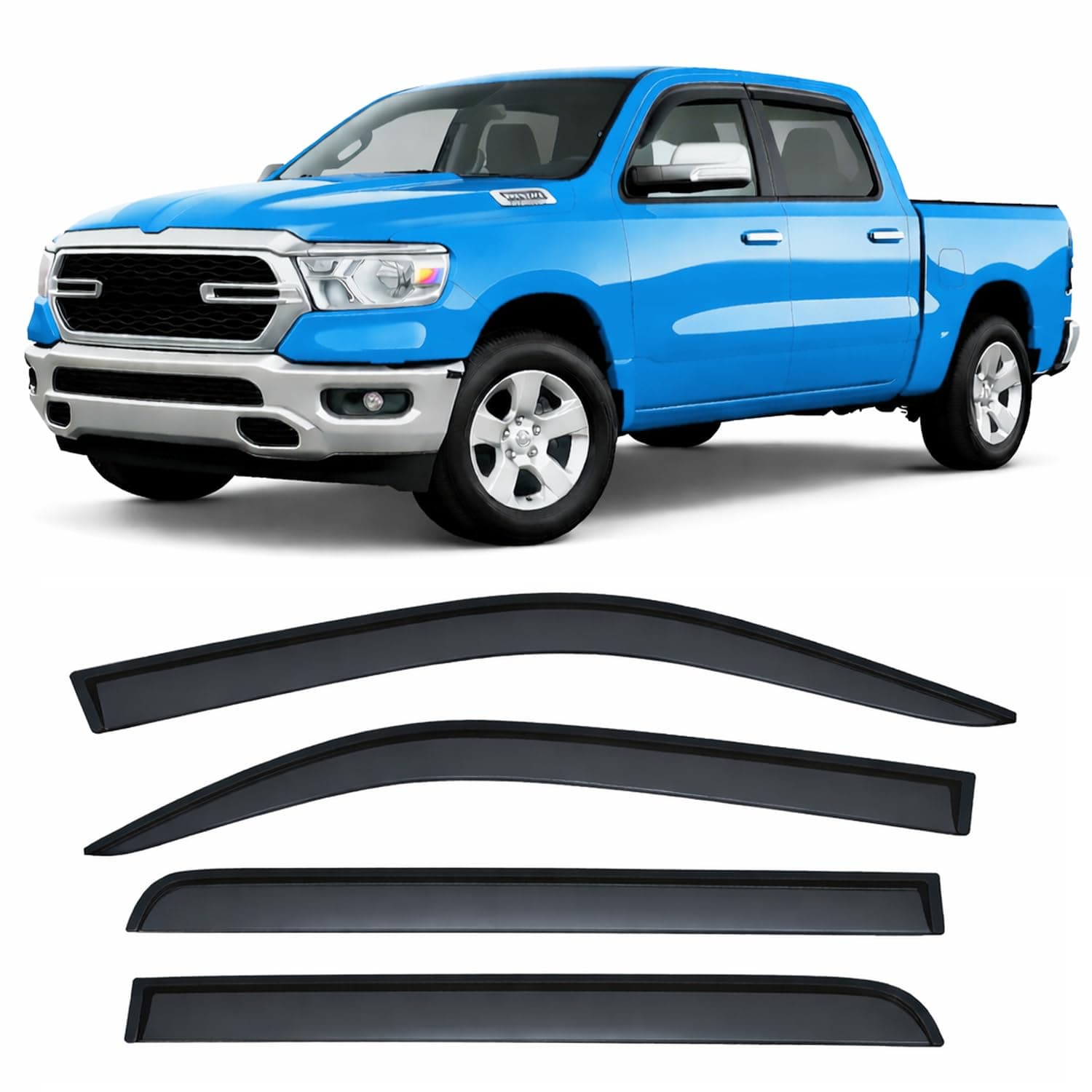 Optimal Co 2019-2024 Tape-On Side Window Deflector Visors Compatible with Dodge Ram 1500 Crew Cab Only Smoke Tinted Rain Guards 2020 2021 2022 2023