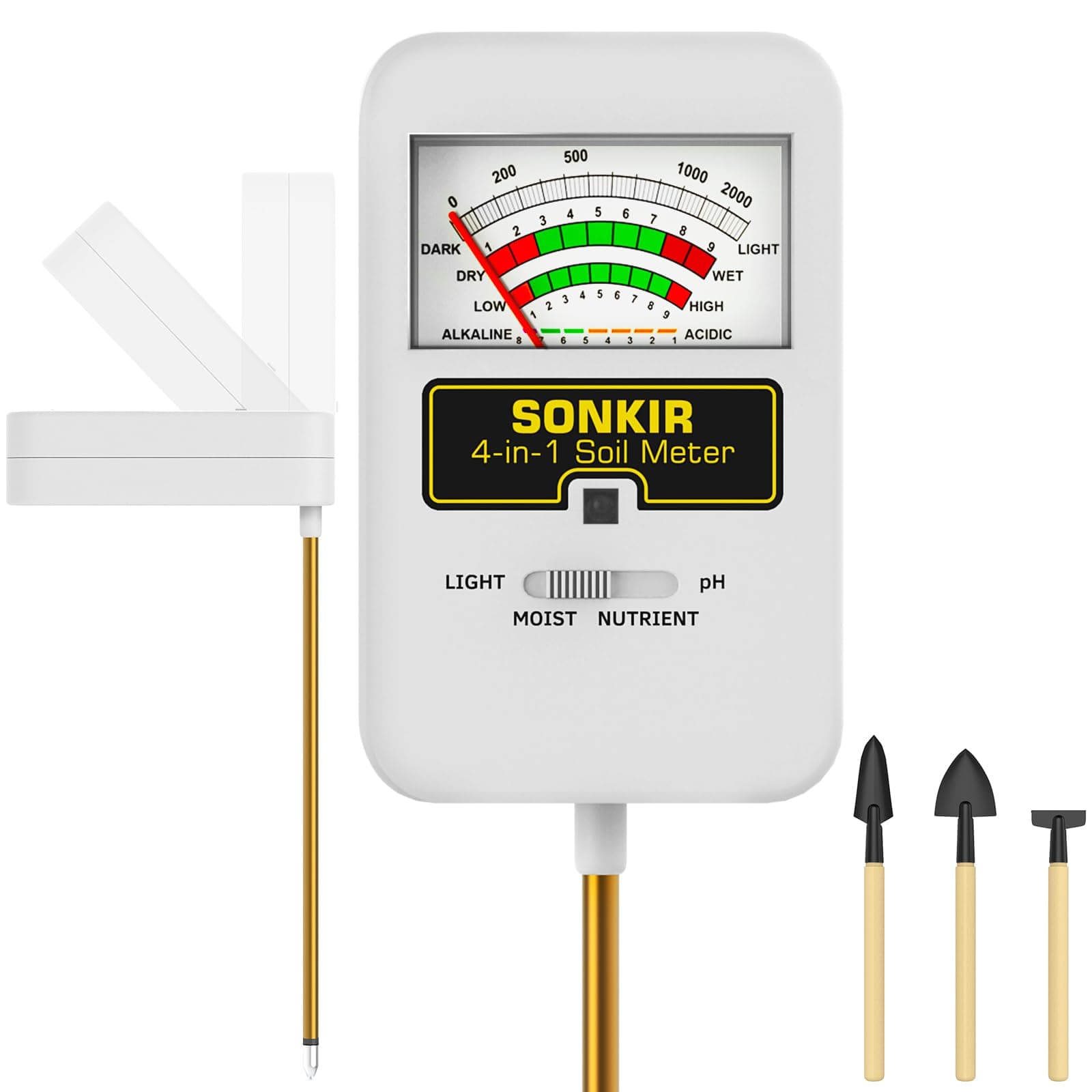 Sonkir Soil Moisture Meter, 4-in-1 Ph Tester for Nutrients, Moisture, and Light, Test Kits Plant, Great Garden, Lawn, Indoor & Outdoor Use (No Battery Required), White (T01)