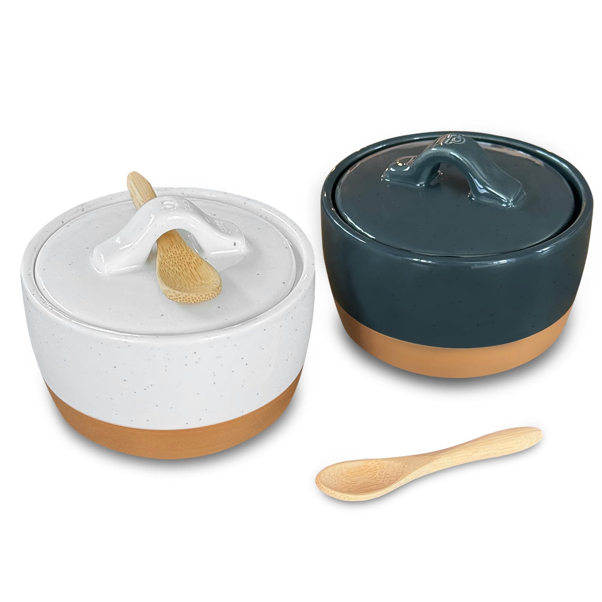 Mora Ceramic Salt and Pepper Cellar Set with Lid - 10 oz Modern Canister/Container/Bowl for Storage, Sea Salt, Spice, Sugar, Countertop - Small Dish/Jar with Wood Spoon, Black & White Crock
