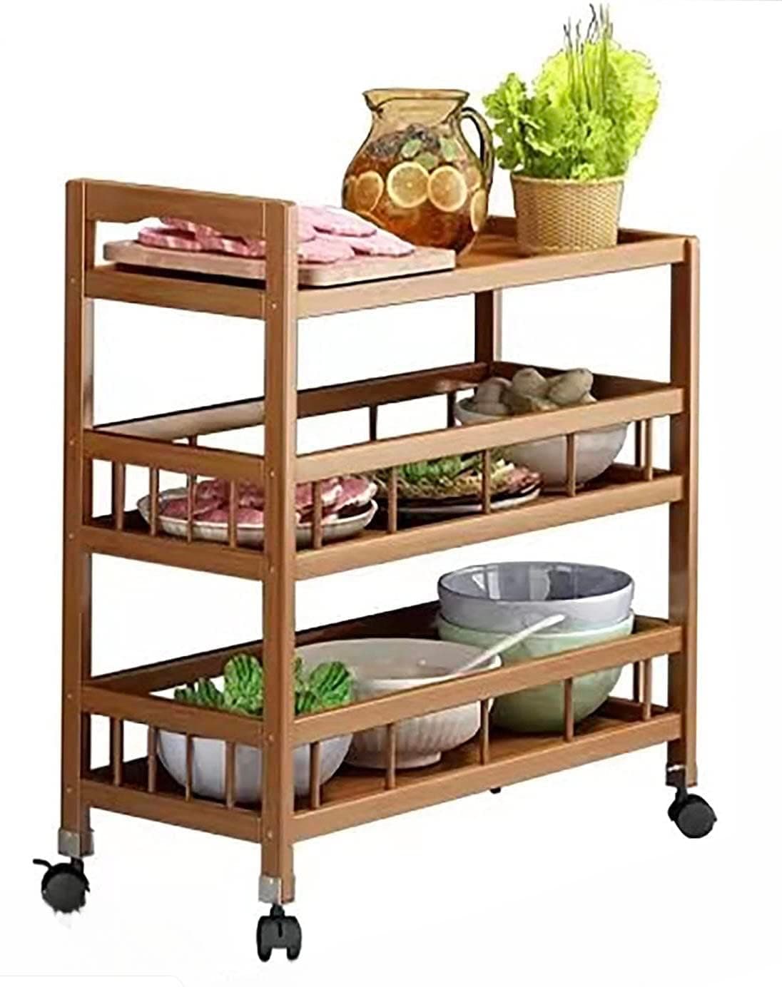 FEELING MALL Serving Trolley with Wheel, Bathroom Organizer, Solid Wood Kitchen Mobile 3 Tier Storage Rack, Living Room Cart, Wine Cart,Storage Shelf Brown Finish