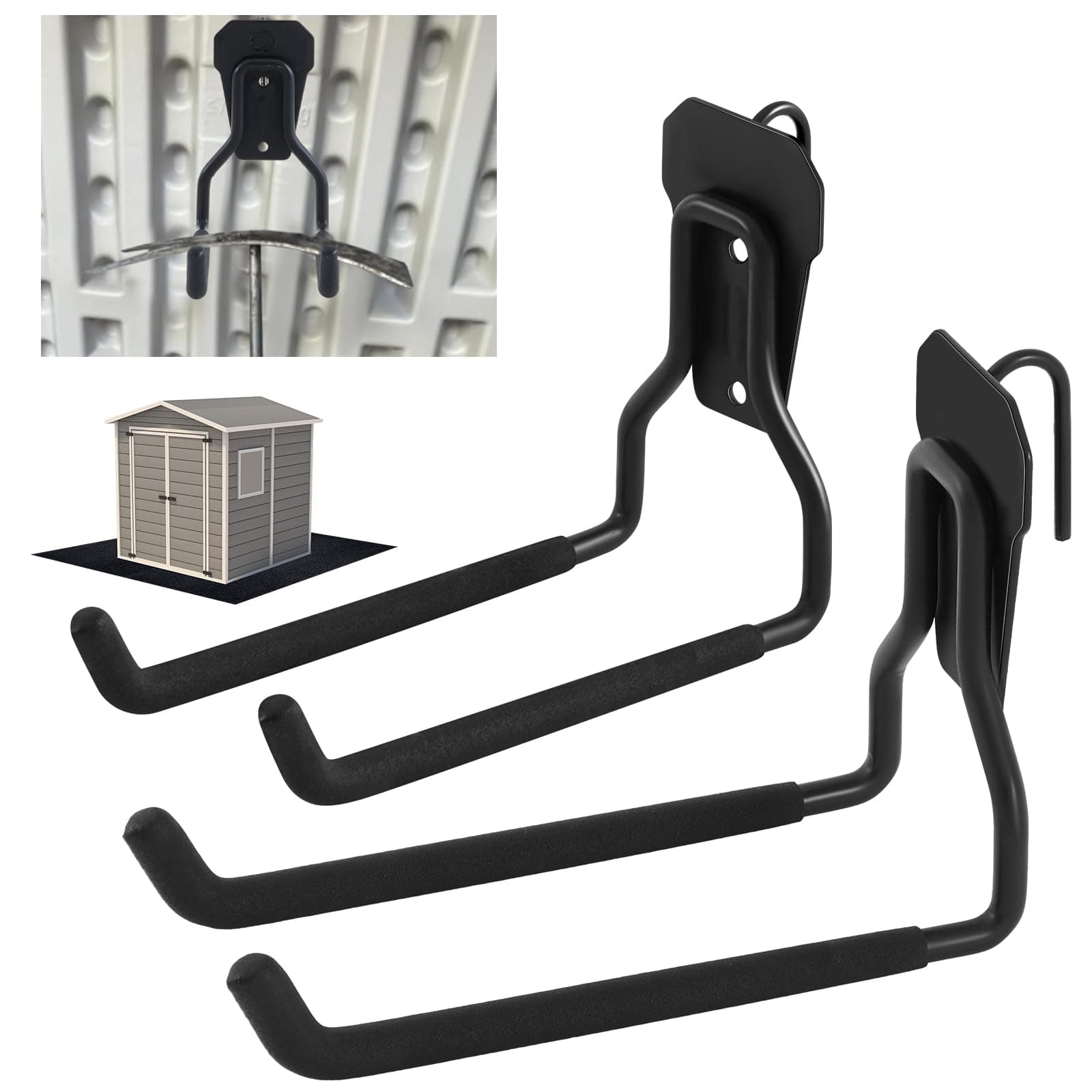 2 Pack Shed Accessories Multi Purpose Shed Hooks Metal Power Tool Holder for Large or Small Tools or Shovels, Black (Straight)