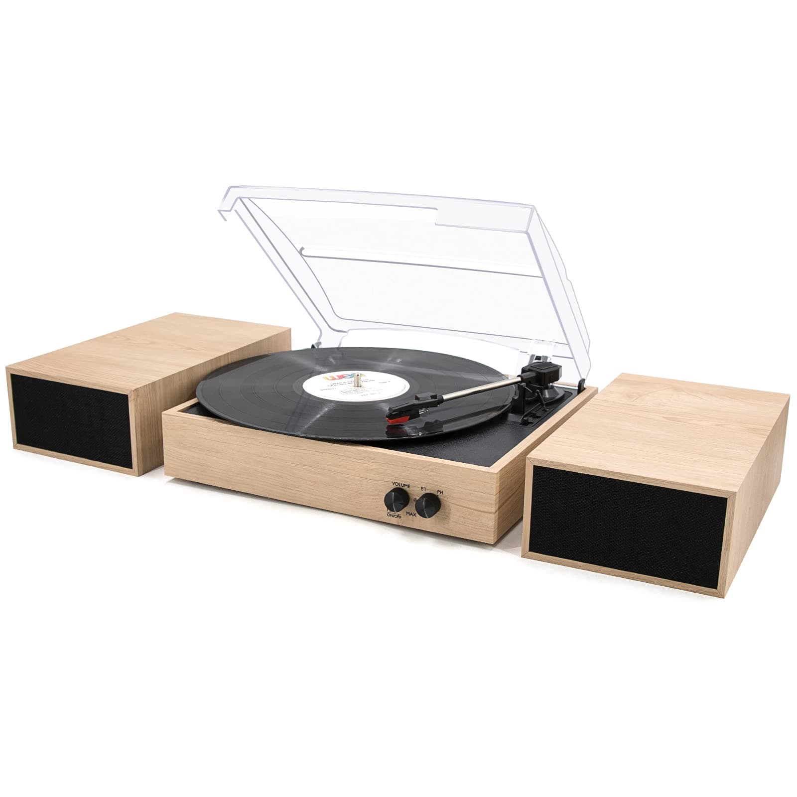 LP&No.1 Bluetooth Turntable Hi-fi System with Bookshelf Speakers, 3 Speed Vintage Belt-Drive Turntable with Wireless Playback & Auto-Stop & Bluetooth Input, Burlywood