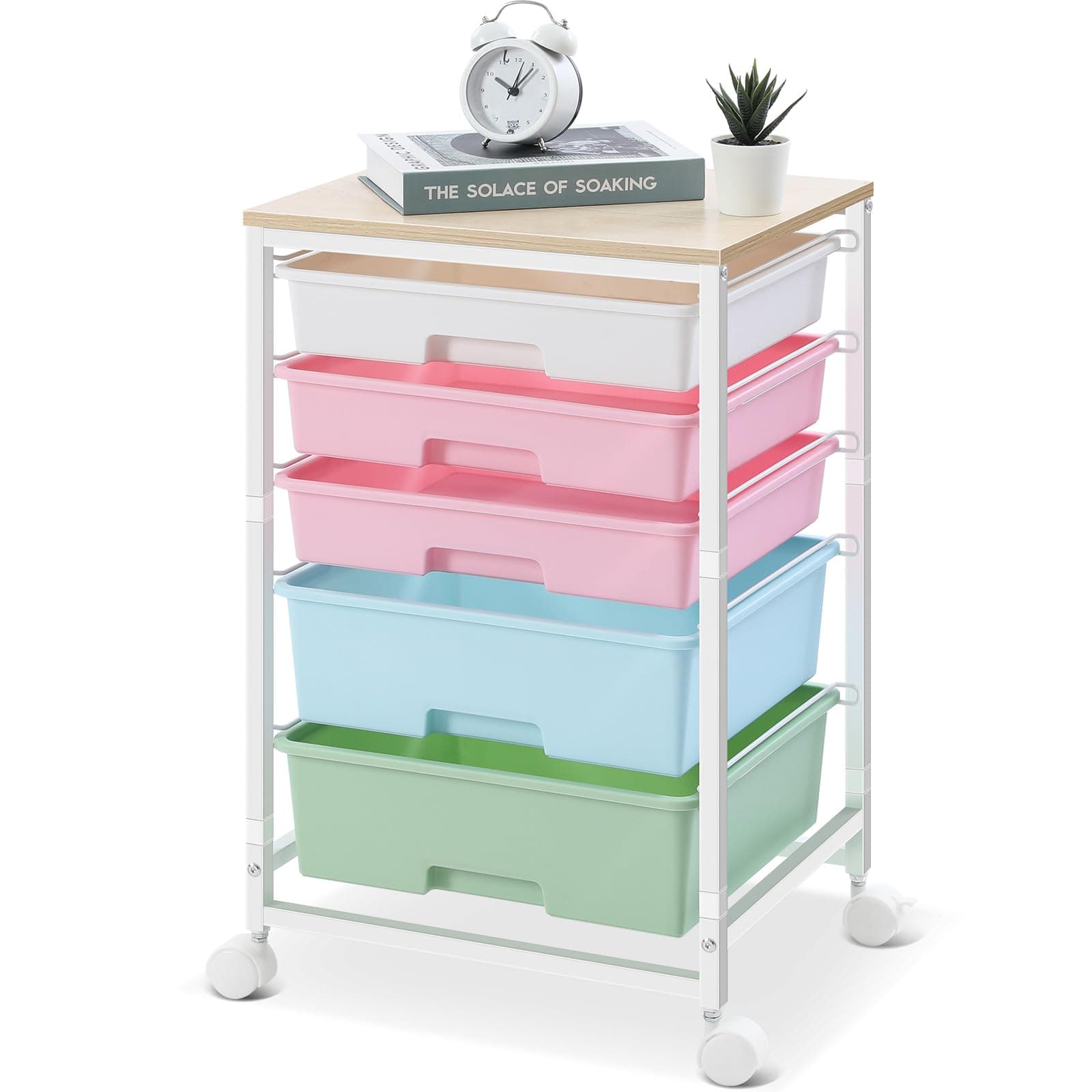 Storage Trolley with 5 Plastic Drawers, Rolling Storage Cart on Wheels, Multipurpose Utility Cart Organizer Unit for Living Room,Bedroom,School,Beauty, Easy Movement, Multicolor