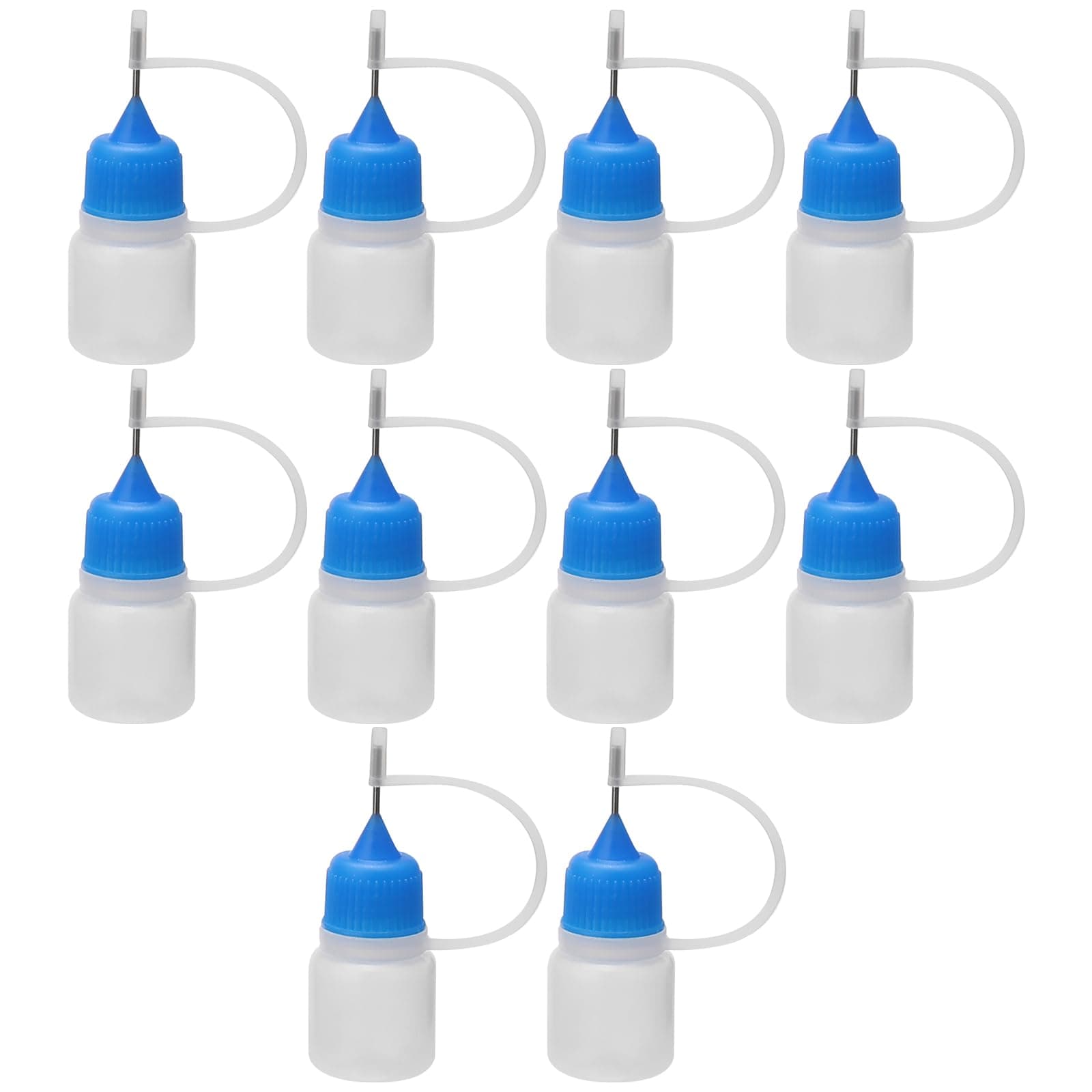 3mL 10-Pack Plastic Dropper Bottles with Metal Needle Tip - Leak Proof Squeeze Applicator, Travel Portable Mini Dispenser for Oil, Glue, Paint, Craft Liquids - Translucent & Blue Cap