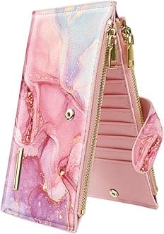 Womens RFID Blocking Large Capacity Wallet Multi Card Organizer Bifold Wallet for Women with Zipper Pocket, Red Marble