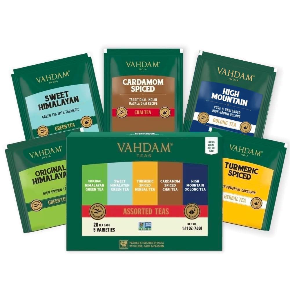 VAHDAM, Assorted Tea Sampler Variety Pack (5 Flavors, 20 Tea Bags) Christmas Gifts 2024 Ideas - Green Tea, Chai Tea, Herbal Tea | Gifts For Women, Men and Adults