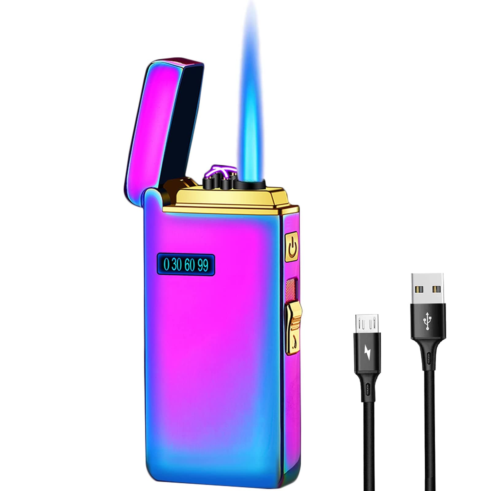 Arc Jet Flame Torch Lighter - 2 in 1 Electronic Refillable Butane, USB Rechargeable With Battery Indicator, Windproof Infinity Electric Plasma Cycle Charge (Ice Rainbow)
