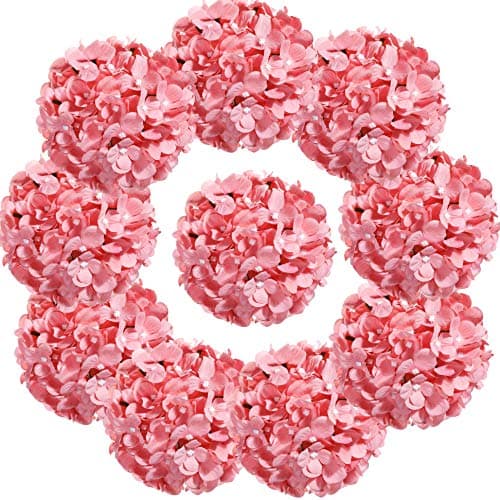 10PCS Silk Hydrangea Heads with Stems Artificial Flowers for Wedding Party Home Decor (Pink 3#)