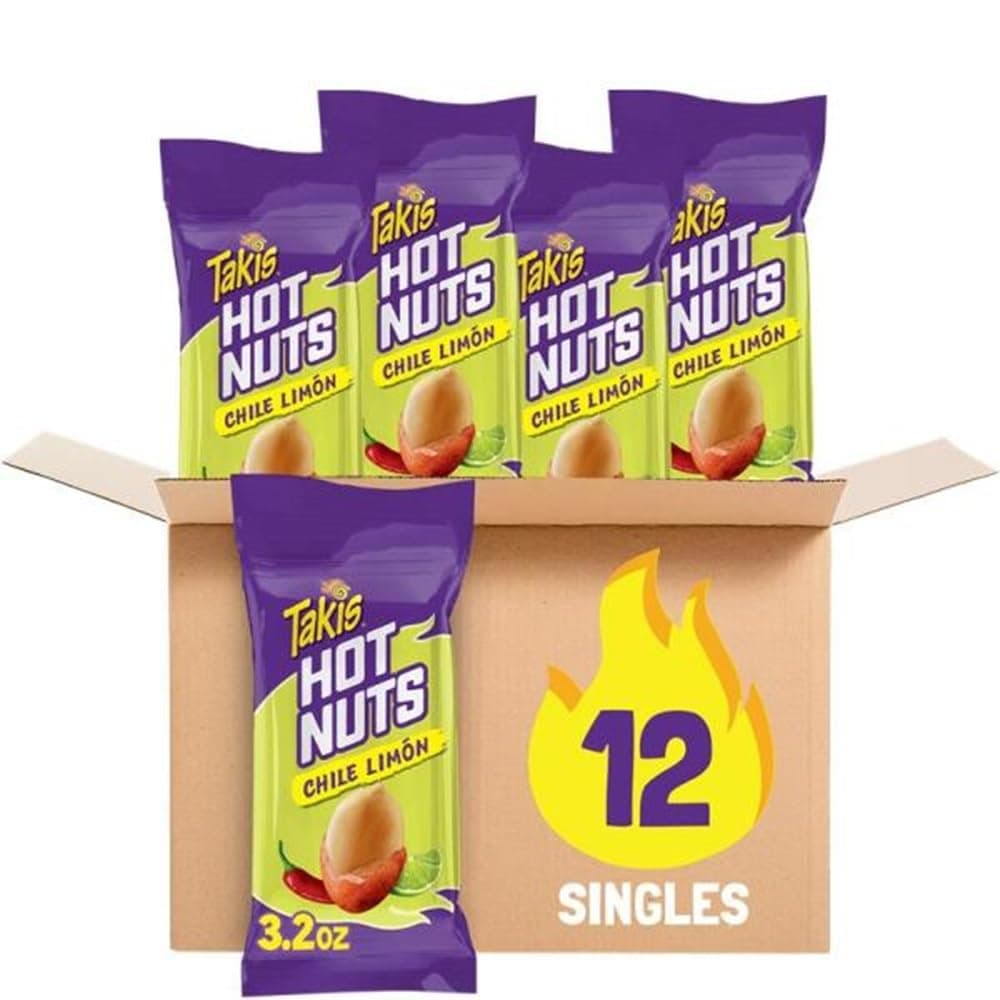 Flare Hot Nuts 12 pc / 3.2 oz Snack Size Box, Chili Pepper & Lime Flavored Medium Spicy Double-Crunch Peanuts.