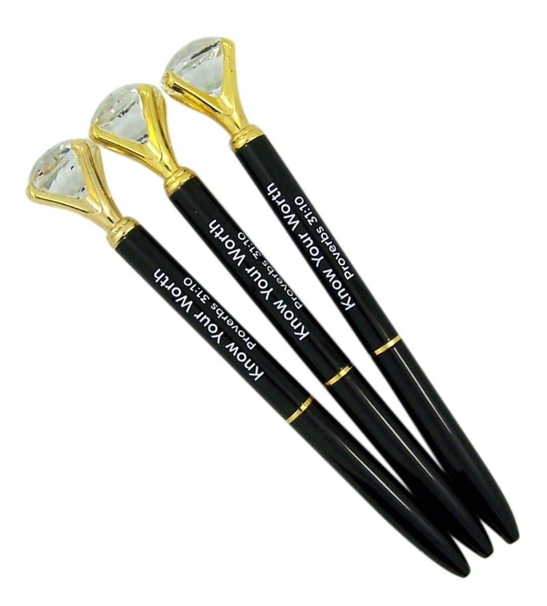 Know Your Worth Proverbs 31:10 Black and Gold Toned Gem Topped Pen, Pack of 3
