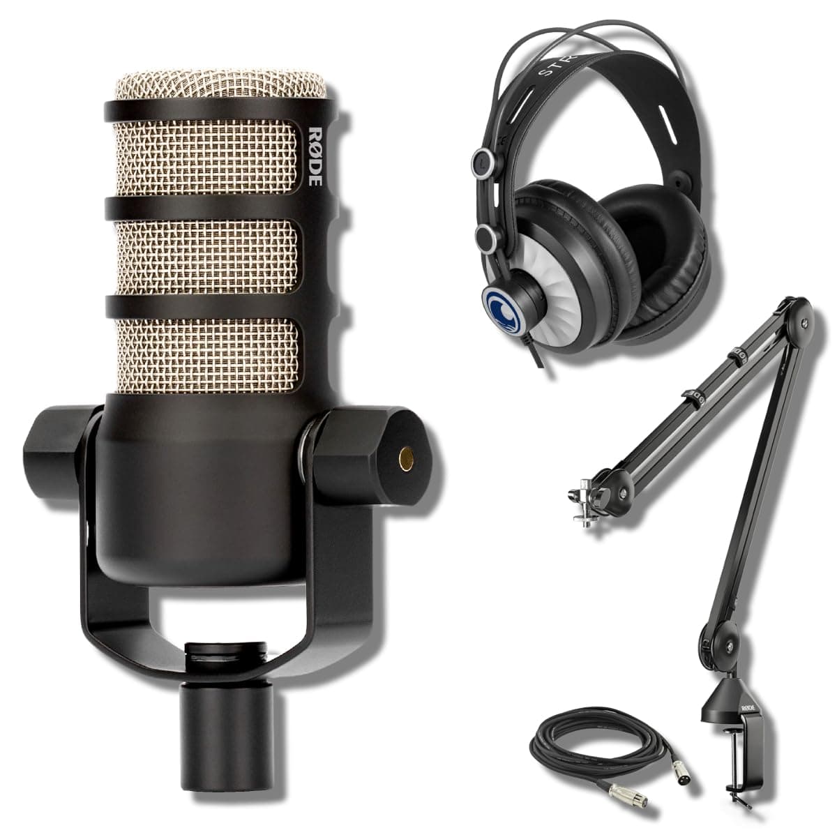 Rode PodMic Dynamic Podcast Microphone with Rode PSA1 Microphone Boom Arm, StreamEye Cans50 Podcast Headphones and XLR Cable
