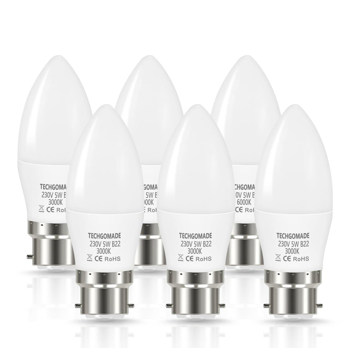 Techgomade B22 Led Light Bulb 5W (40W Equivalent), 3000K Warm White B22 Candle Bulb, Brighter 500LM C37 Bayonet Bulb, Non Dimmable, Ideal for Living Room, Dining Room, Kitchen-6 Pack [Energy Class F]