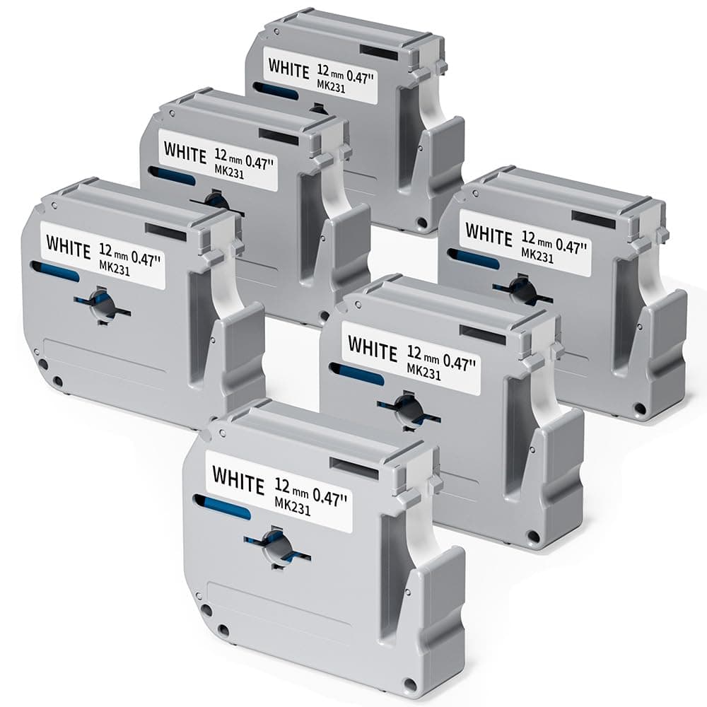 M-K231 Replace for Brother PT-M95 PT-65 PT-90 PT-70 PT-80 Label Maker Tape Refills M-K231s 12mm 0.47 White Tape P Touch M Tape MK231 M231, Ptouch Black on White Label Maker Tape 1/2 Inch, 6-Pack