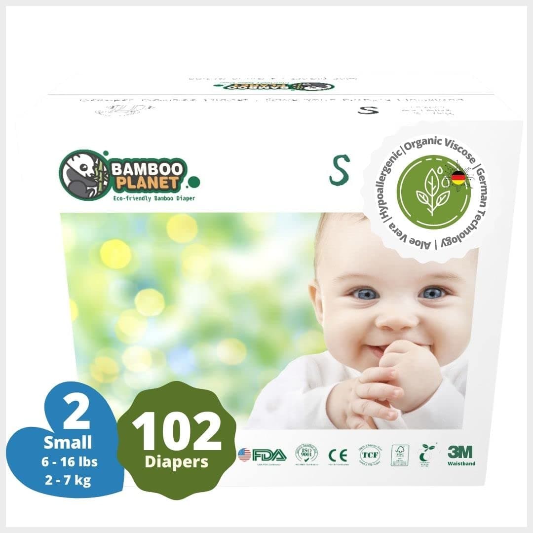 Premium Bamboo Planet - Soft Diapers - Small - Size 2 - SM 2-7 Kg | 6-16 Lbs Made with Organic Viscose - Mega Box 102 Diapers