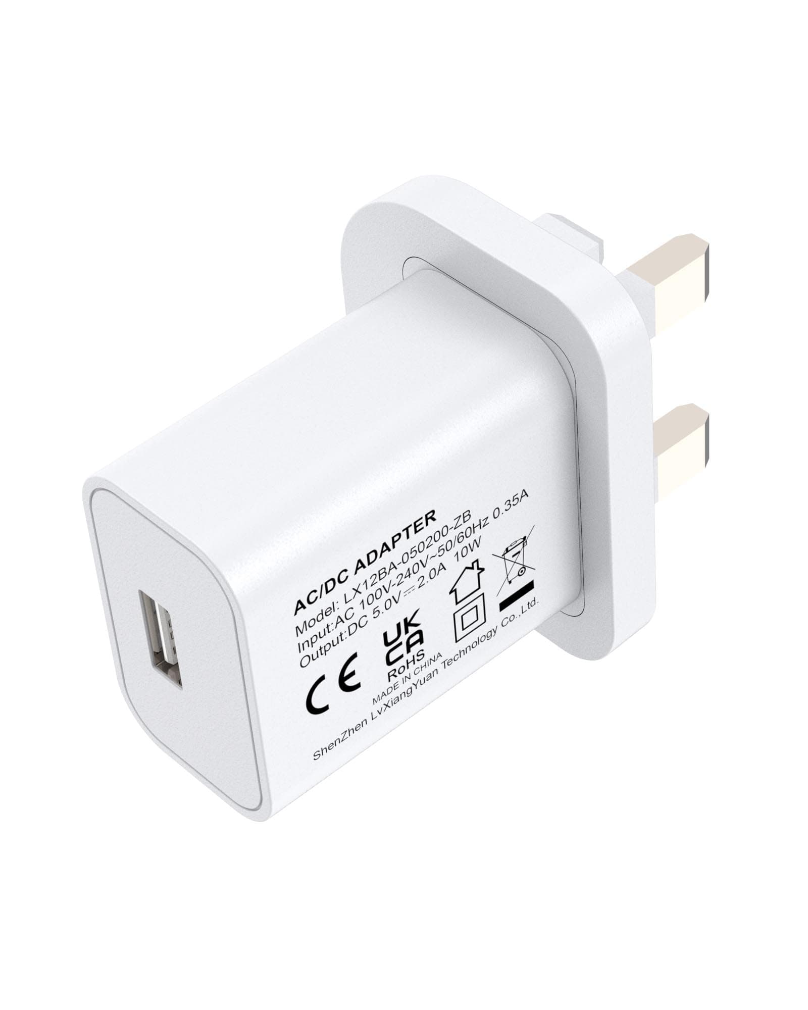 5V 2A 10W White USB Charger, UK Usb Plug, USB-A Output, 100V-240V Input, for Phone, Tablet, Speakers