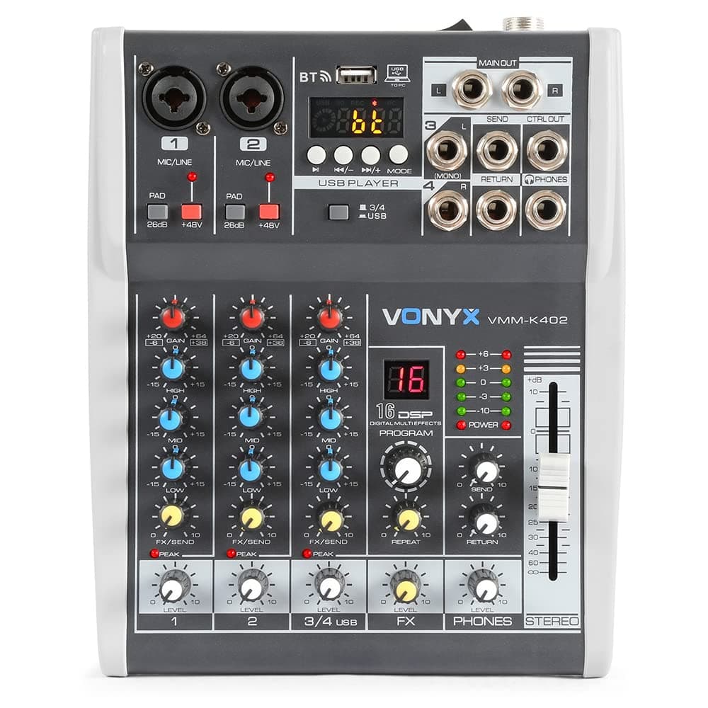 VMM-K402 4 Channel Audio Mixer with DSP, USB Interface, Bluetooth Streaming, Phantom Power & FX for DJ, Podcast, Home Studio, PA & Live Performance