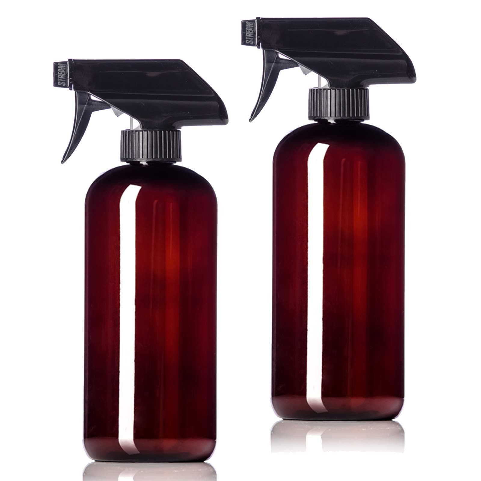 16oz Amber Plastic Bottles with Black Trigger Sprayers, BPA Free PET Plastic (2 Pack)