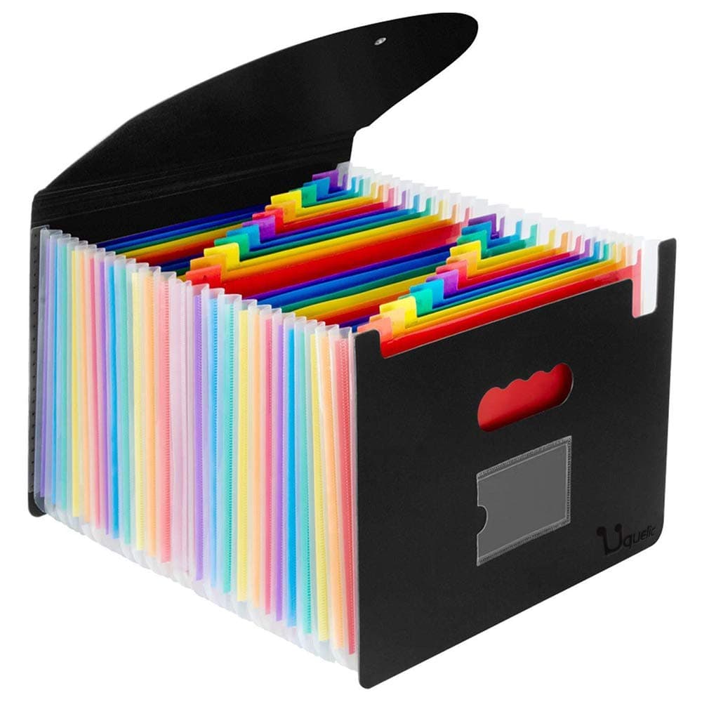 Uquelic 24 Pocket Expanding File Folder with Cover - Large Plastic Rainbow Expandable File Organizer Self Standing Accordion A4 Document Folder Wallet Briefcase Business Filing Box