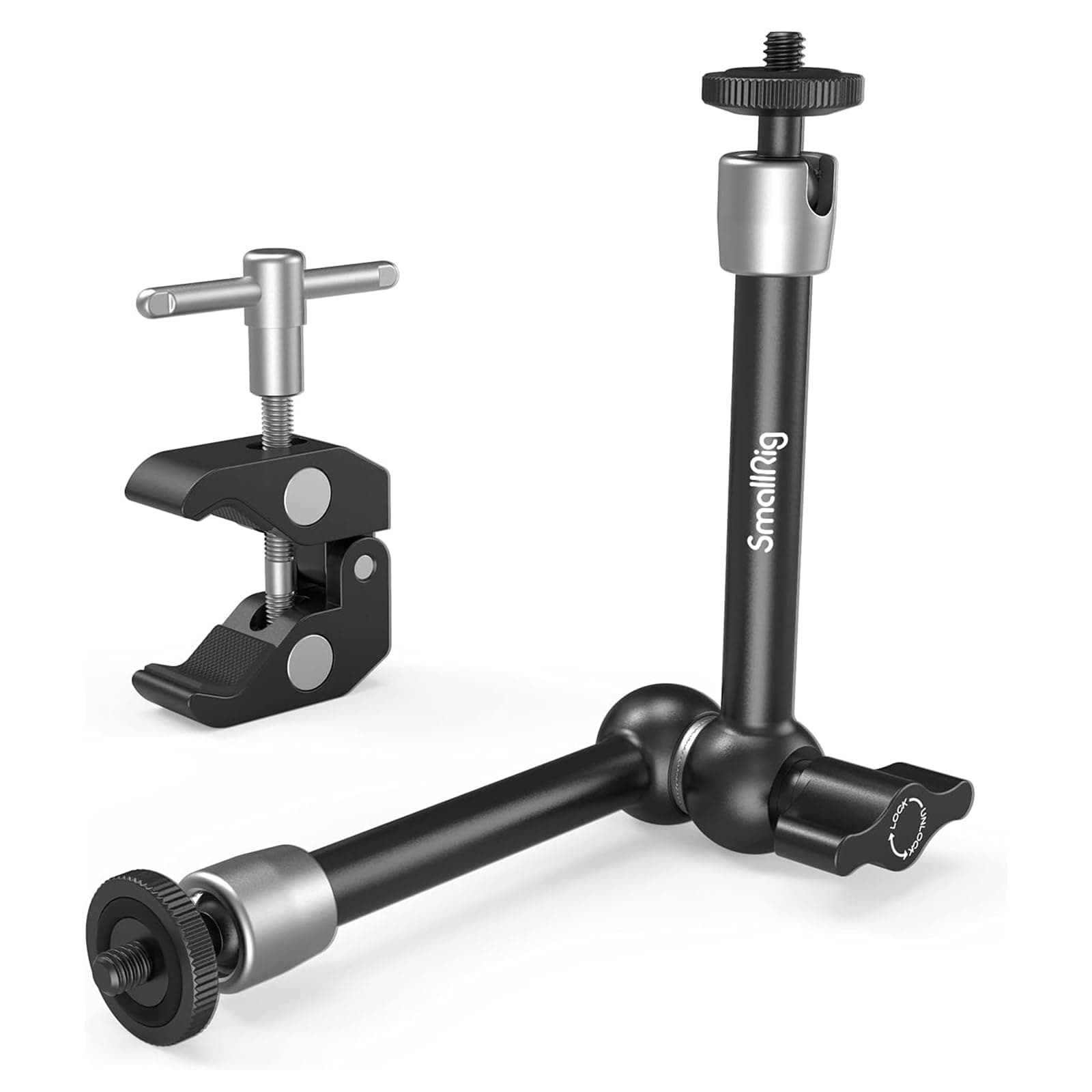 Clamp w/ 1/4" and 3/8" Thread and 9.8 Inches Adjustable Friction Power Articulating Magic Arm with 1/4" Thread Screw for LCD Monitor/LED Lights - KBUM2732B