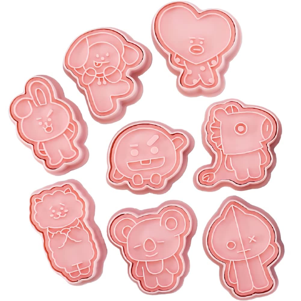 Cookie Pressing Cutter Embossing Mold,8pcs BT21 Cookie Cutters Set Plastic Biscuit Fondant Press Plunger Cutters Mould Cartoon Pattern Printing DIY Baking Tools for Kids Cake Pastry Decor-Pink