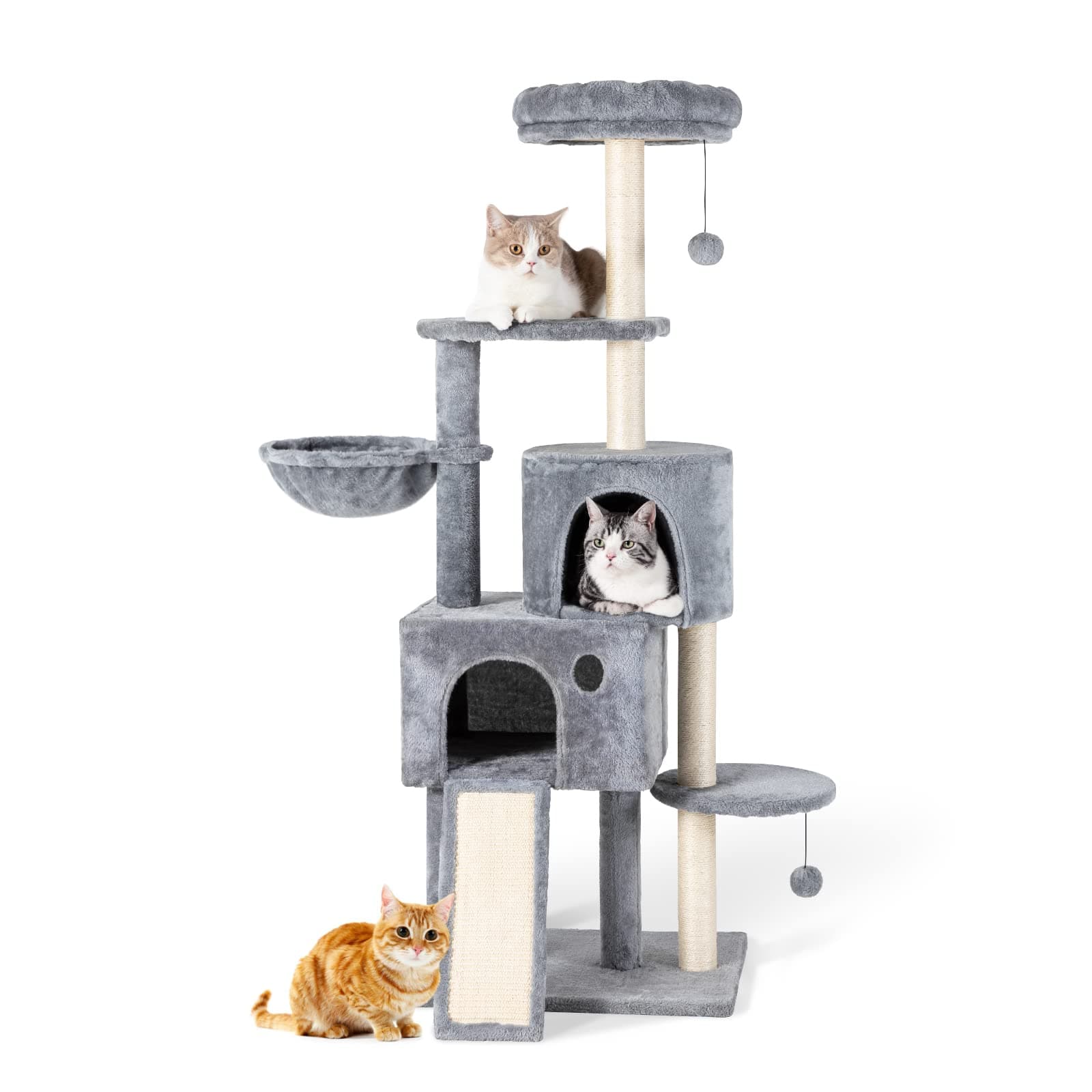 59" Large Cat Tree Tower for Indoor Cats Soft Plush Multi-Level Cat Condo House with Hammock, 2 Cat Cave, Scratching Post, Sisal Staircase, Grey