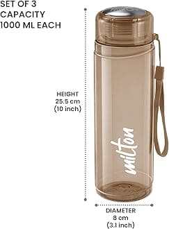 Milton Hector 1000 Pet Water Bottle Set of 3, 1000 ml Each, Brown | Recyclable | Reusable | BPA Free | Food Grade | Leak Proof | Gym | Office | Home | Kitchen | Treking | Travel | Hiking