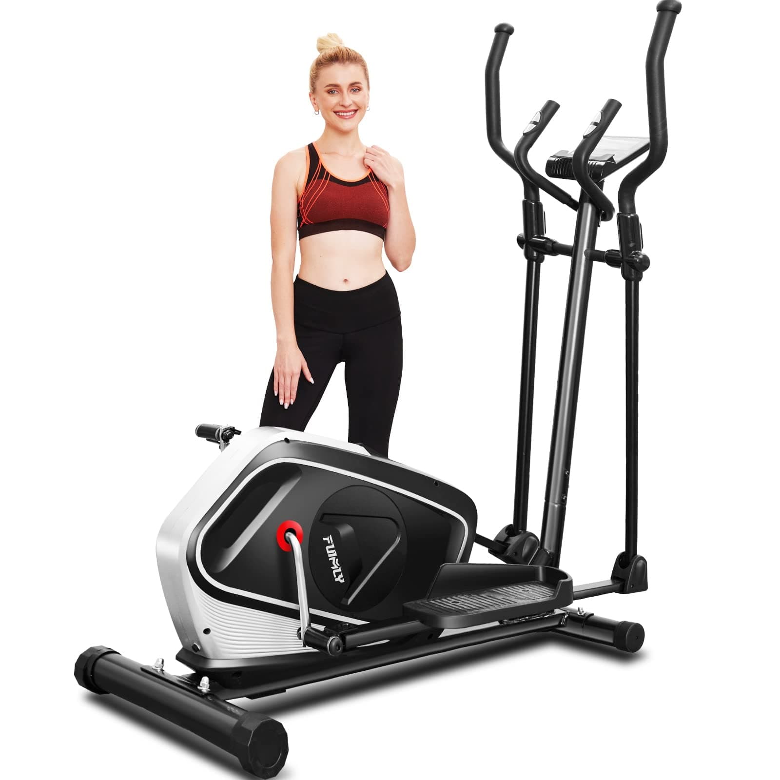 FUNMILY E970 Elliptical Trainers, Magnetic Eliptical Exercise Machines with Pulse Rate Grips, Compact Elliptical Training Equipment with LCD Monitor, 390 LB Max Weight (Electric Black)