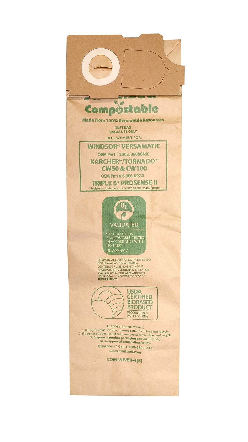 Janitized COM-Wiver-4(5) Compostable Paper Premium Replacement Commercial Vacuum Bag for Windsor Versamatic, Karcher/Tornado Models: CW50 & CW100, Triple S Prosense II Vacuums (Pack of 5)