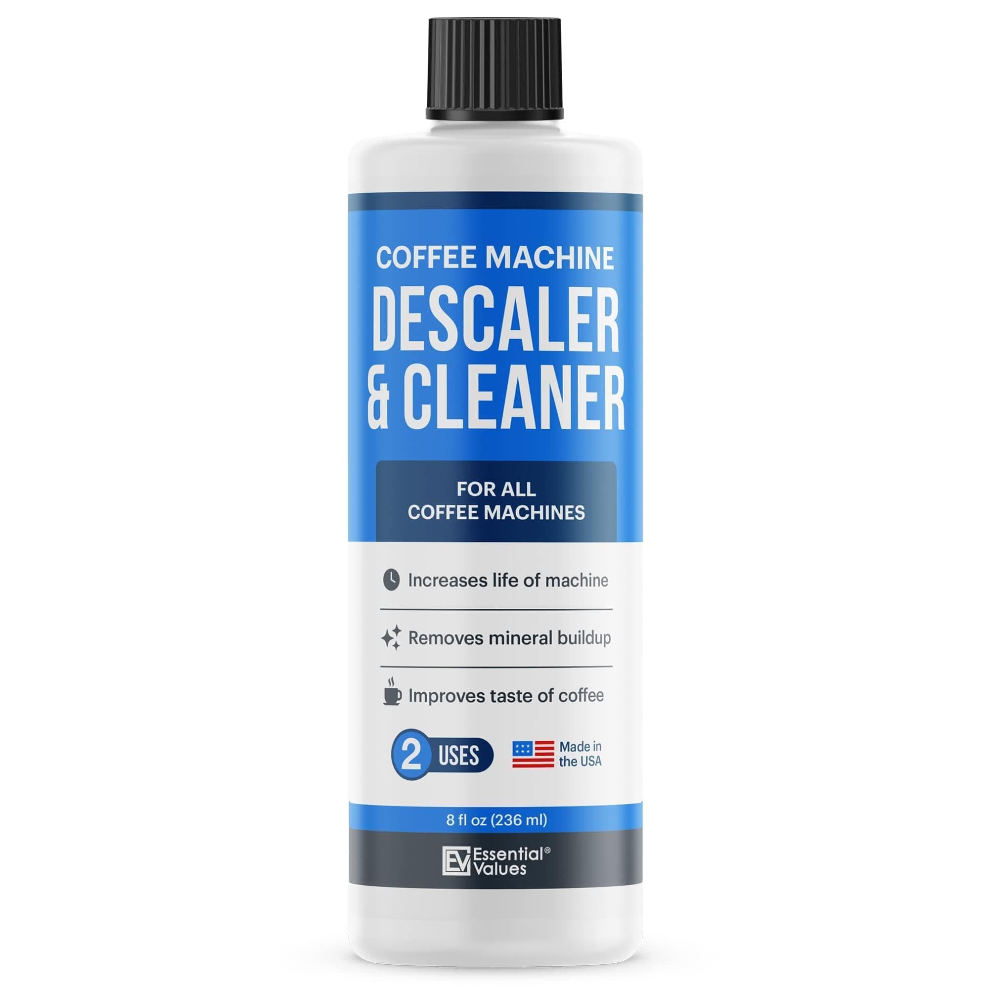 Essential Values Descaling Solution (8 fl oz / 236 ml) – Coffee Maker Cleaner for Nespresso, Keurig, Breville & More – Works on All Machines & Espresso Makers – Made in USA