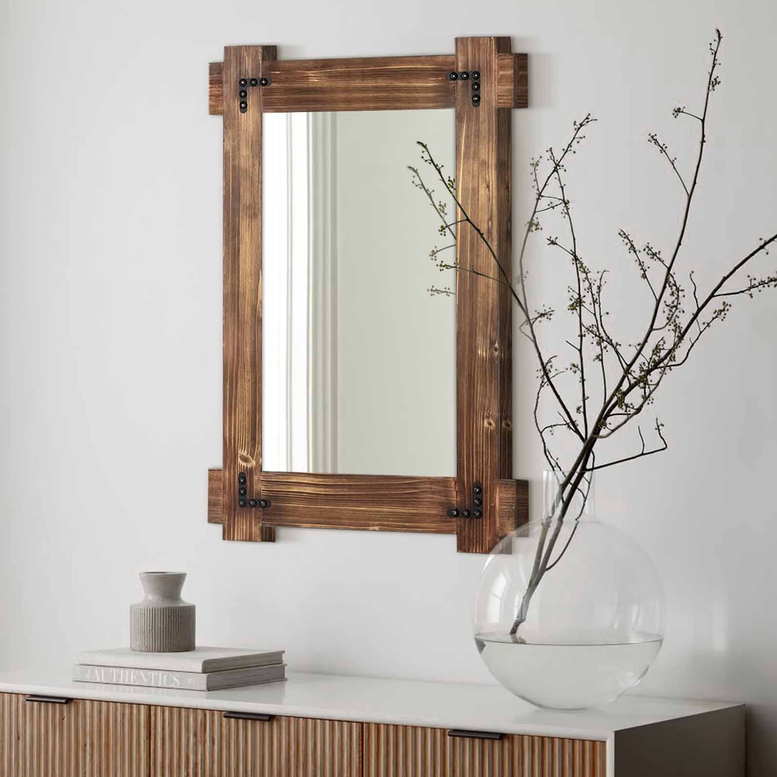 MeMoreCool Rustic Mirror Wood Mirror for Bathroom, Decorative Framed Wall Mirror, Farmhouse Natural Vanity Mirror, Wall Mounted Rectangular Mirror for Bedroom Living Room, Small 20x30 Inch