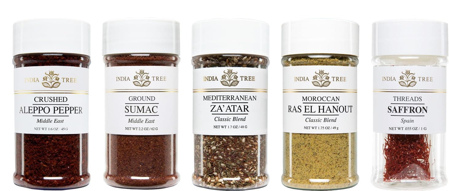 India Tree Mediterranean Spice Gift Pack - Aleppo Pepper, Sumac, Za'atar, Ras El Hanout, and Saffron - 7.37 Ounces Total