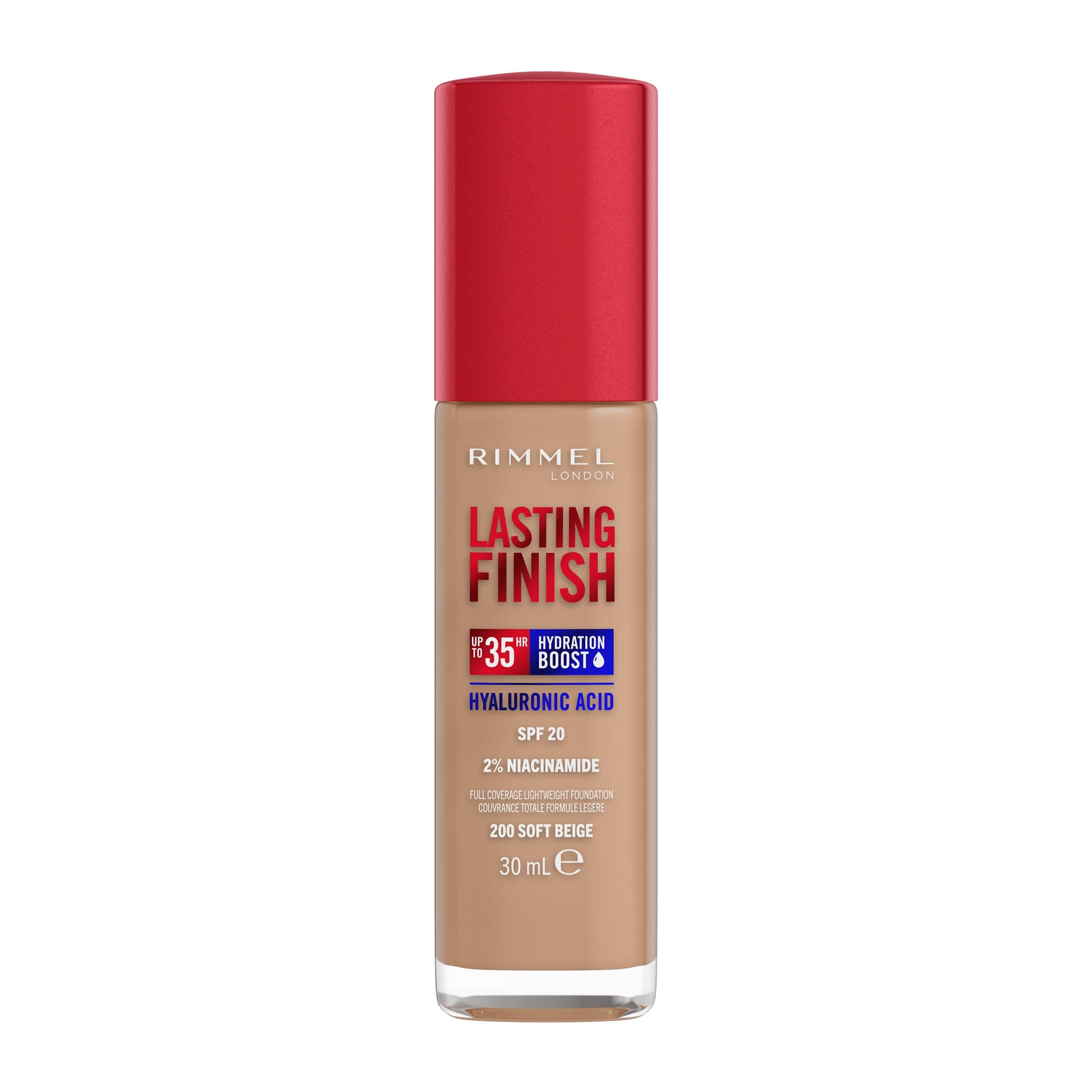 Lasting Finish 35Hr Foundation 200 Soft Beige, Full Coverage, Hydrating, SPF20, Hyaluronic Acid, Vitamin E, 2% Niacinamide, All Day Wear, Vegan, Cruelty Free