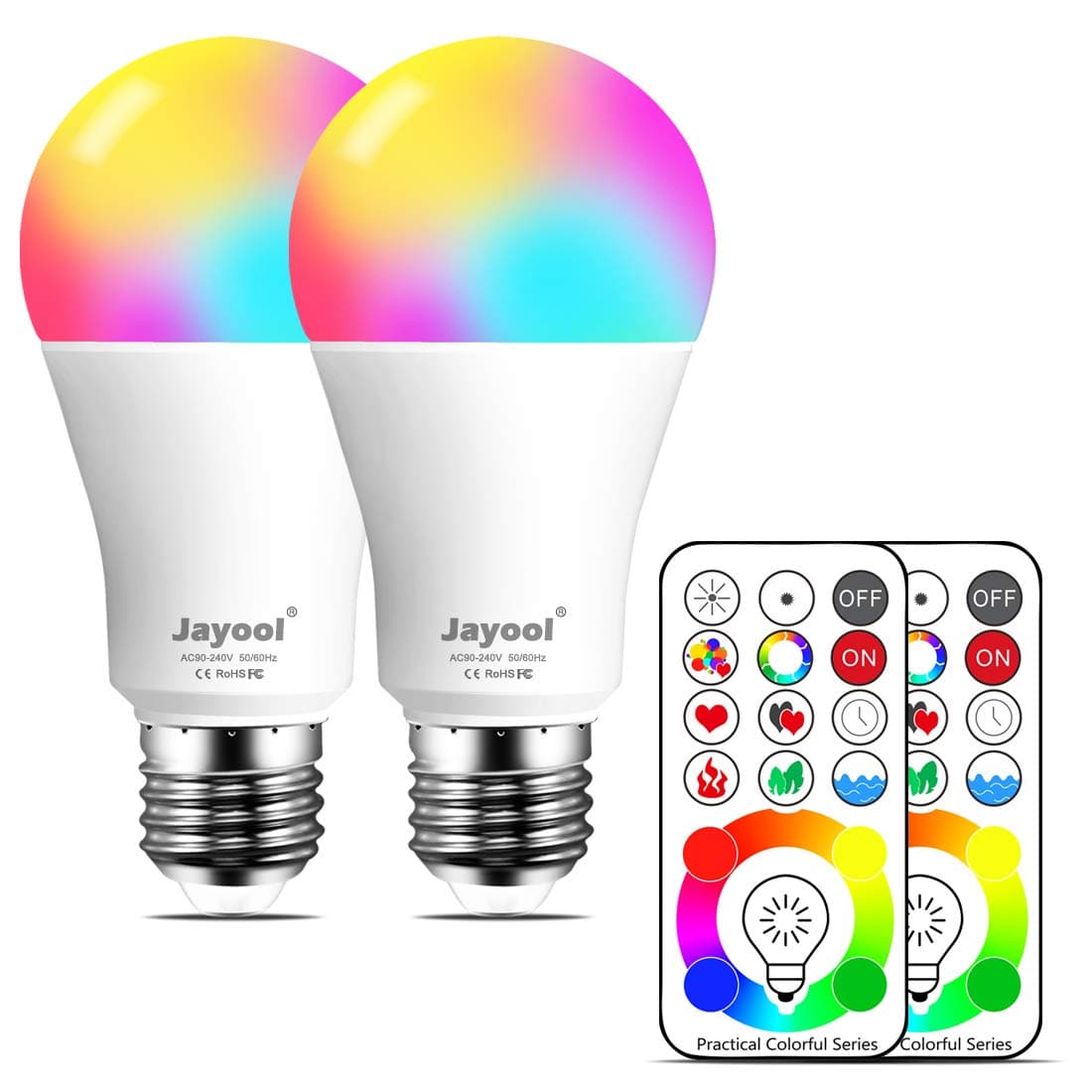 Jayool E27 10W LED Colour Changing Light Bulb with Remote Control, 120 Multi Coloured Choices Light Bulb with Timing, Edison Screw Cap, RGB + Daylight White (6500K) -3rd Generation (2 Pack) [Energy Class A+]