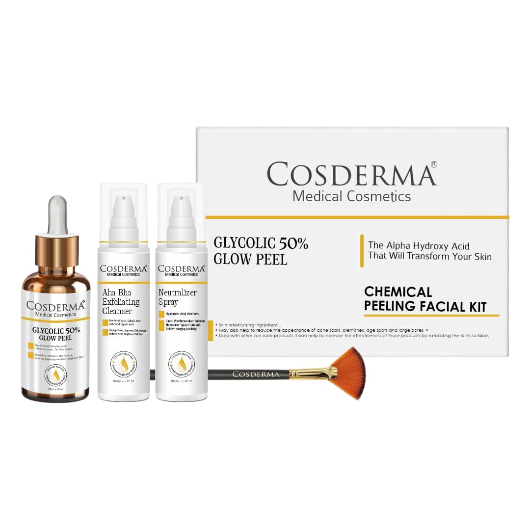 Cosderma Professional Facial Peeling Solution Kit | Includes AHA Cleanser, Neutralizer & Applicator Brush, 230ml, Salon-Grade Skin Exfoliation & Brightening (Glycolic 50%)
