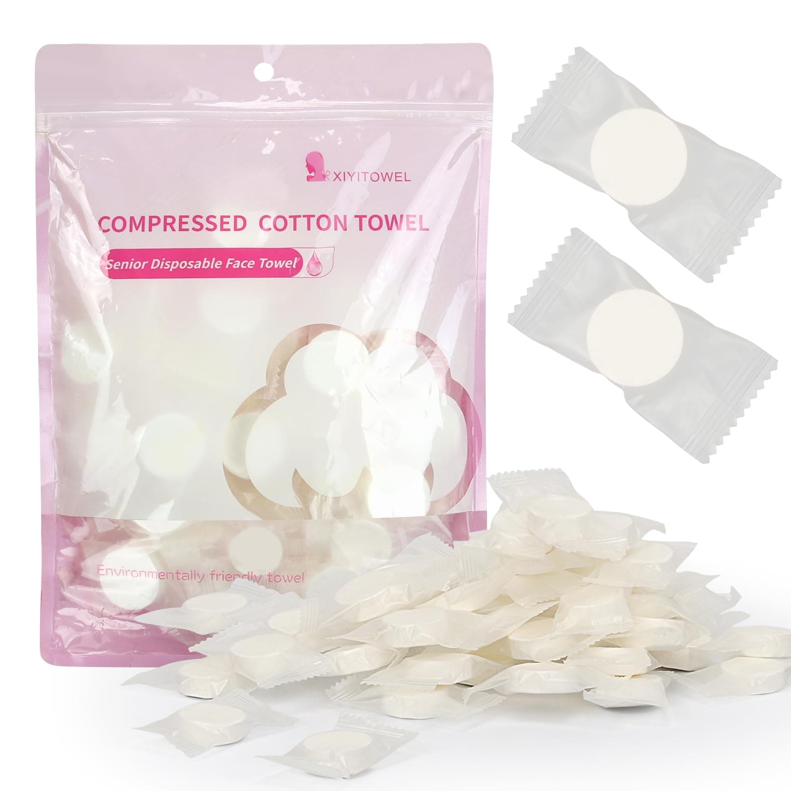 Classycoo Compressed Towel 50 Pack Mini Tablets Disposable Portable Face Towel Cotton Coin Tissue for Travel, Camping, Hiking, Sport, Beauty Salon, Home Hand Wipes, Outdoor Activities(Pink, Thick)
