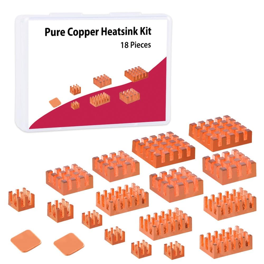 GeeekPi 18PCS Pure Copper Heatsinks for Raspberry Pi 5/4B, CPU Cooler with Thermal Conductive Adhesive Tape