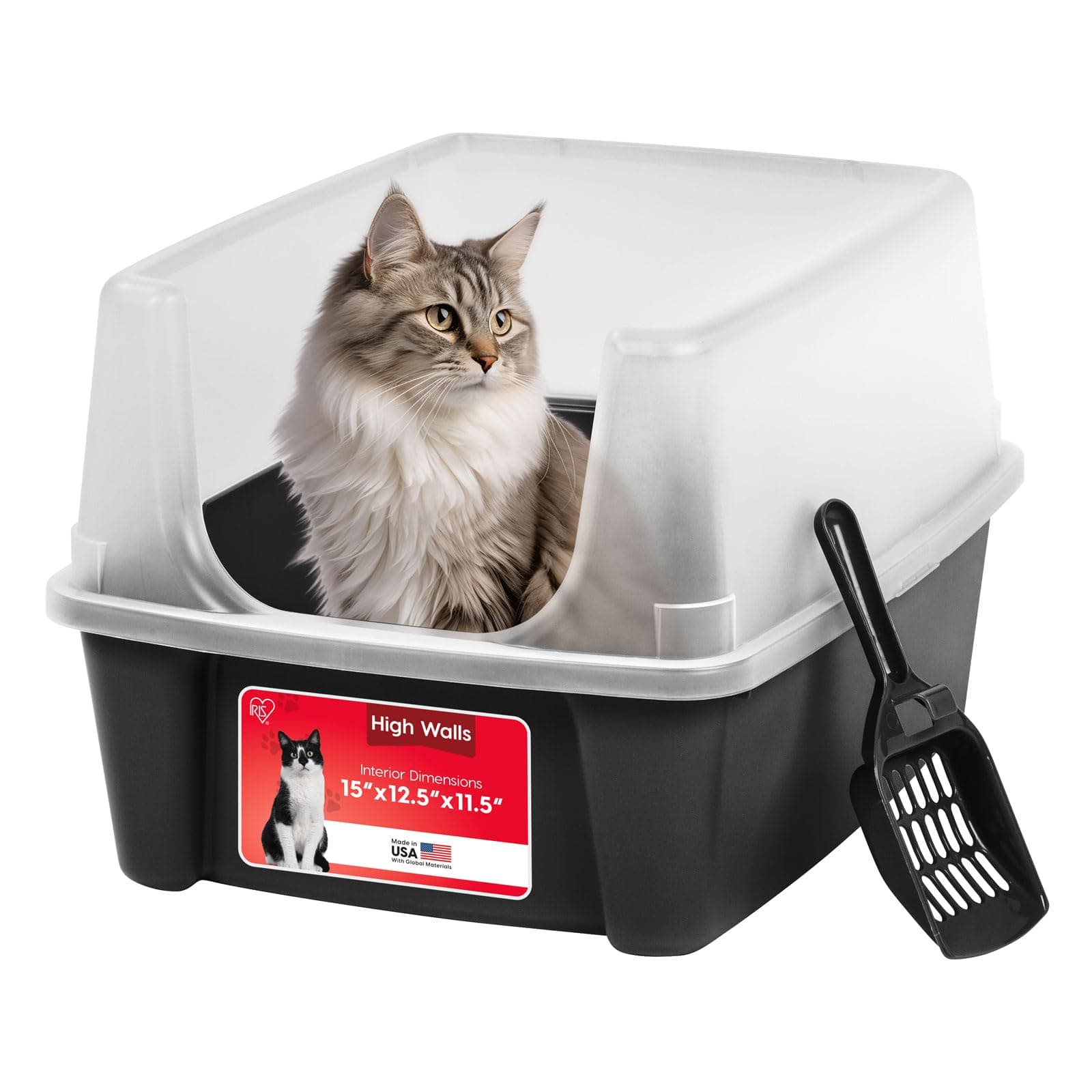IRIS USA Large Open Top Cat Litter Box with High Sided Walls Tall Scatter Shield Scoop Included Easy Clean Plastic Pan Stain Resistant for Big Cats Kittens Indoor Multi-Cat Households