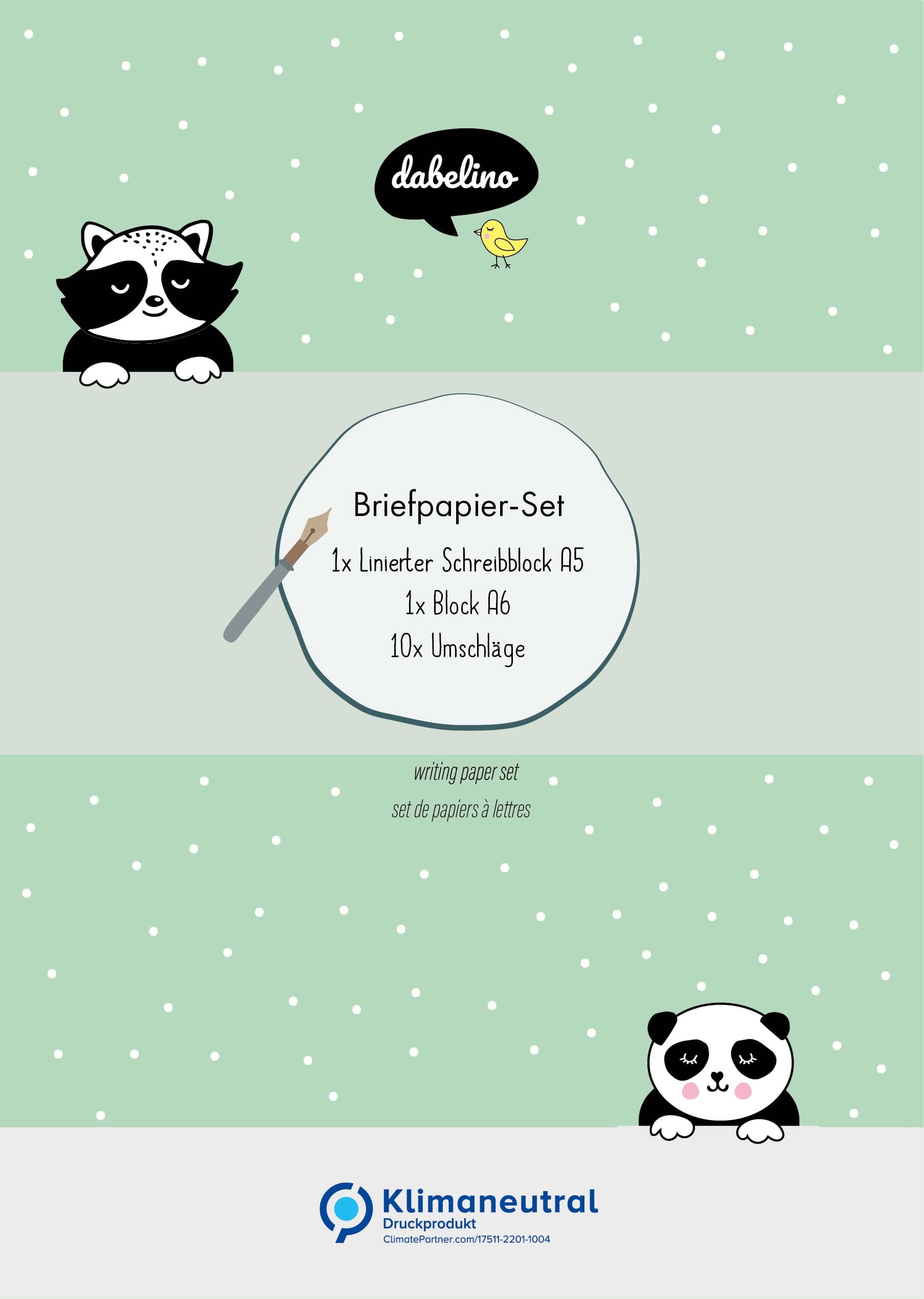 Panda stationery set for children: 25 sheets DIN A5 format, lined + 10 envelopes (boys or girls, mint green)