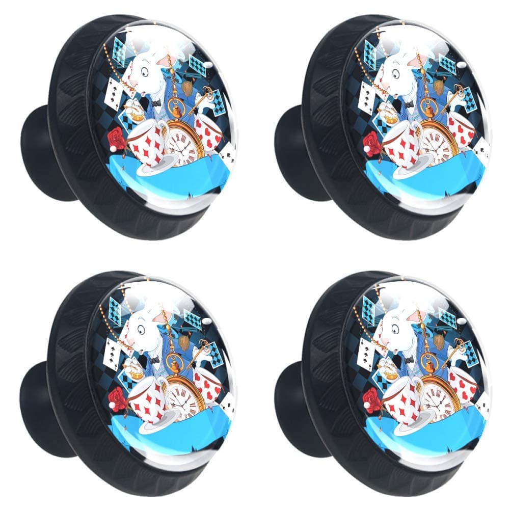 Alice in Wonderland Drawer Knob Pull Handle, Rabbit Motion Cups Hearts and Flower Character Alice Cartoon Style 4 Pcs Cabinet Cupboard Knobs for Kitchen Home Office Cabinet Cupboard