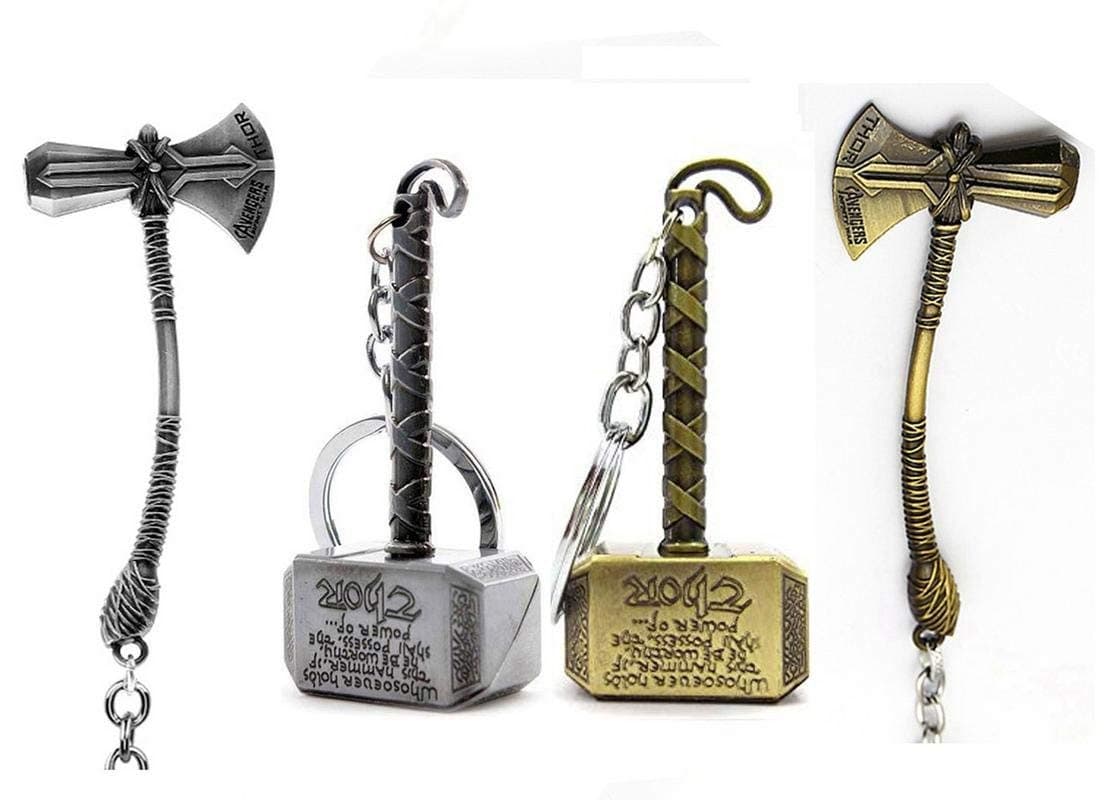 Mist Marvel Avengers Infinity War Thor Axe-Hammer & Mjolnir- Hammer Stormbreaker Metal Keychain & Keyring (Pack Of 4) For Bikes, Cars, Bags, Home, Cycle, Men, Women, Boys And Girls, Multi-Coloured