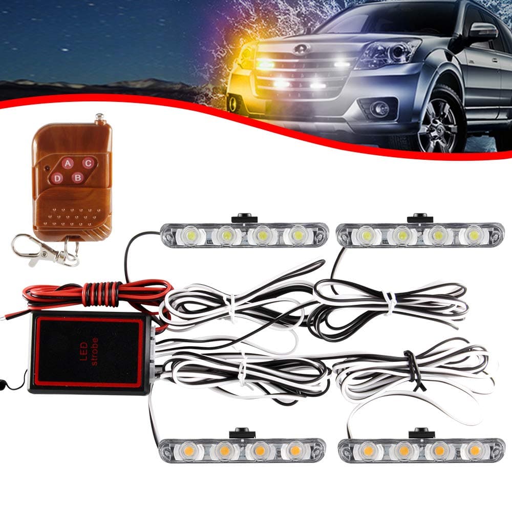 4 in 1 4LED Strobe Warning Light DC12V Emergency Flashing Beacon Lamp Ambulance Police Light Wireless Remote Strobe External Light For Truck Trailer Caravan Camper Motorcycle Van (White&Amber)