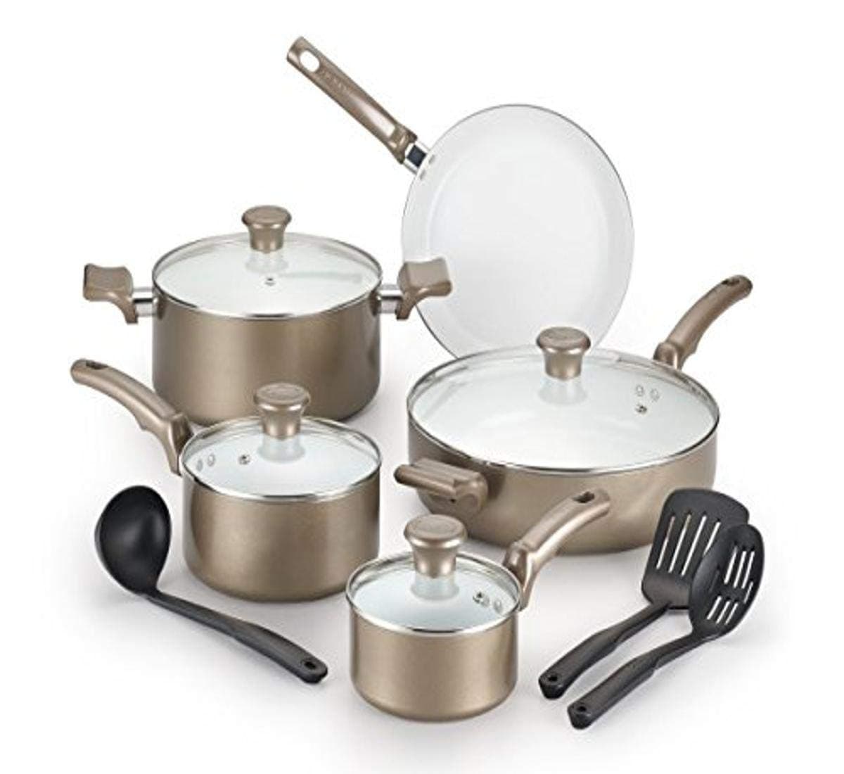 T-fal Ceramic Chef Ceramic Nonstick Cookware Set 12 Piece Oven Safe 350F Pots and Pans, Cookware Champagne